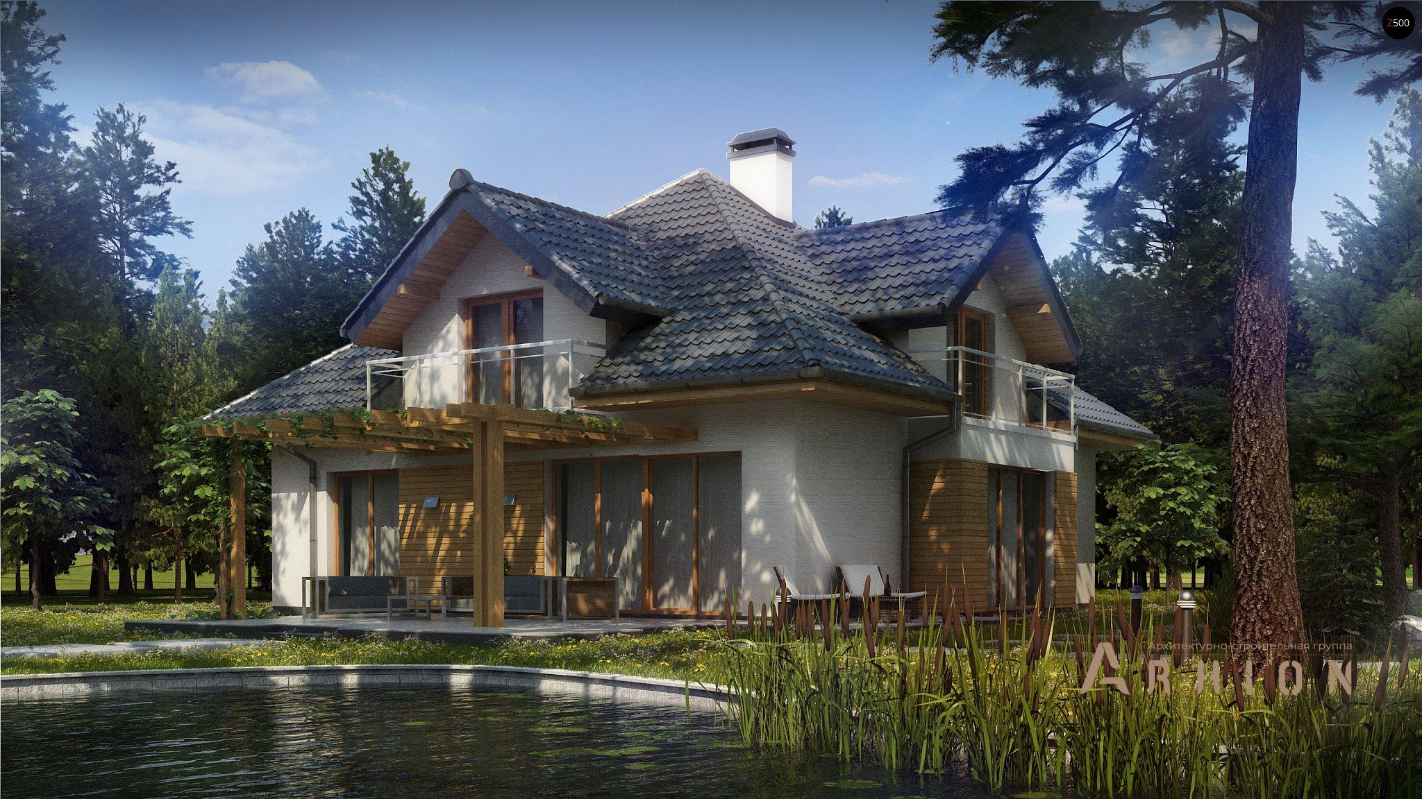 1. Проект одноэтажного дома в современном стиле с четырехскатной, Z270 A, площадью - 239 кв c мансардой, терассой, балконом, гаражом